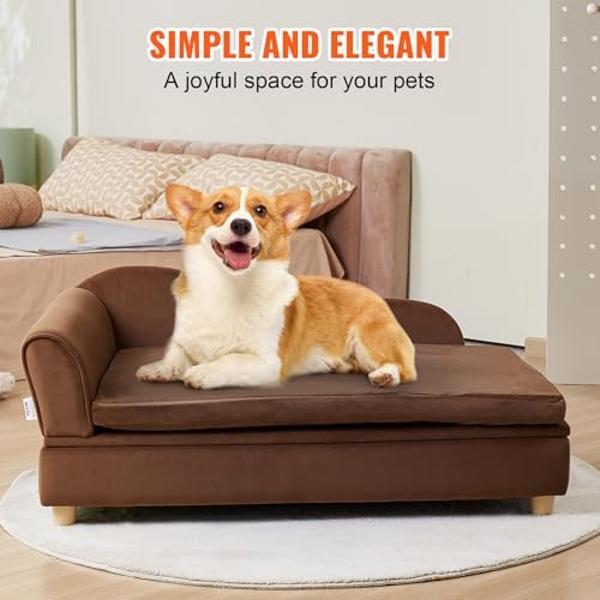 VEVOR Large Dog Couch Sofa Bed for Small Dogs and Cats, Soft Velvety Pet Sofa Bed, 60 lbs Loading Cat Sofa, Dark Brown