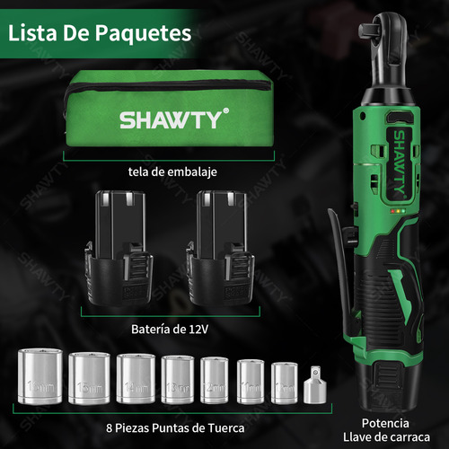 SHAWTY Llave de Impacto Inalambrico 3/8", Matraca Eléctricas 46N.m, Trinquete Electrico 2Ah Batería*2, Velocidad Regulable Sin Escalonamiento, Con 7 Vasos y Bolsa De Transporte