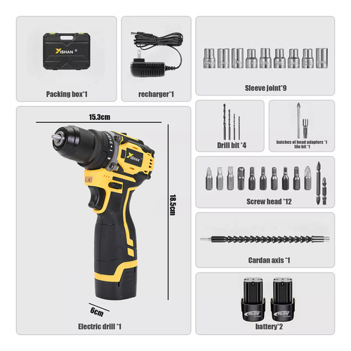 Taladro De Impacto Eléctrico Inalámbrico Con 2 baterías 16.8v Atornilladores Sin Cable Taladros Sin Escobillas Destornillador Inalambrico YISHAN V-850