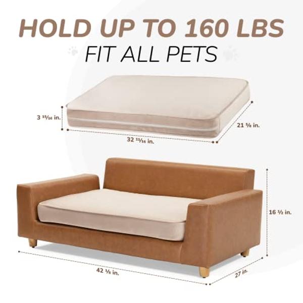 dCee Luxury Dog Sofa Bed, Luxury 42" Leather Pet Couch for Large Dogs, Washable Velvet Cushion, Sturdy Wooden Frame, Anti-Slip Design, Joint Support, Comfortable and Stylish for Pe