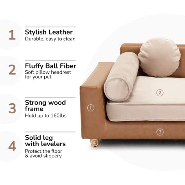 dCee Luxury Dog Sofa Bed, Luxury 42" Leather Pet Couch for Large Dogs, Washable Velvet Cushion, Sturdy Wooden Frame, Anti-Slip Design, Joint Support, Comfortable and Stylish for Pe
