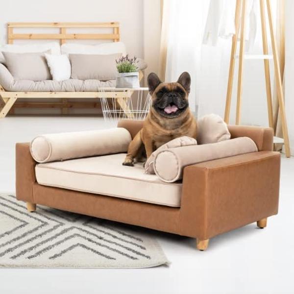 dCee Luxury Dog Sofa Bed, Luxury 42" Leather Pet Couch for Large Dogs, Washable Velvet Cushion, Sturdy Wooden Frame, Anti-Slip Design, Joint Support, Comfortable and Stylish for Pe