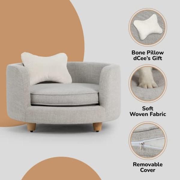 dCee Round Dog Sofa - Cat Couch Holds up to 50 Lbs, 24 in. Soft Velvety Pet Couch for Comfort Sleep, Joint Support, Light Grey