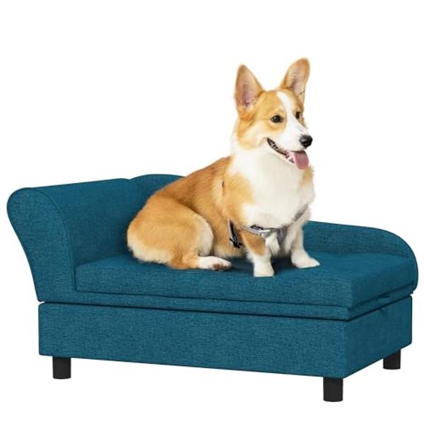 PawHut Pet Sofa, Dog Couch, Elevated Pet Bed for Small Dogs, with Hidden Storage, Soft Tufted Cushion, Dark Blue