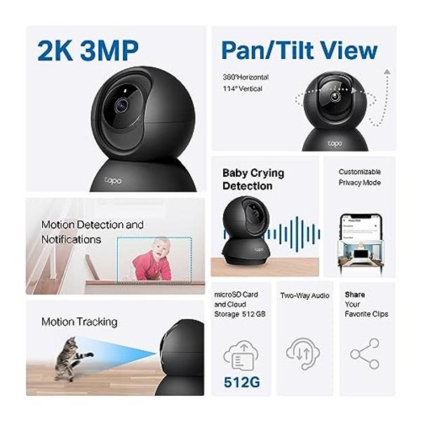 Tapo TP-Link 2K Pan/Tilt Indoor Security Camera for Baby Monitor, Pet Camera, Motion Detection & Tracking, 2-Way Audio, Cloud & SD Card Storage, Works w/Alexa & Google Home, Black,