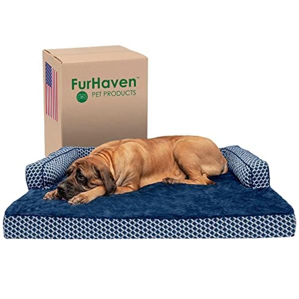 Furhaven Orthopedic Dog Bed for Large Dogs w/ Removable Bolsters & Washable Cover, For Dogs Up to 125 lbs - Plush & Woven Decor Comfy Couch Sofa - Diamond Blue, Jumbo Plus/XXL