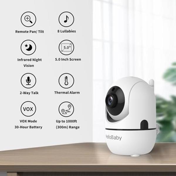 HelloBaby HB6550 5" Baby Monitor 3 Cameras, 26-Hour Battery, Pan-Tilt-Zoom,1000ft Range Video Audio Baby Monitor No WiFi, ECO, Night Vision, 2-Way Talk, 8 Lullabies and Temperature