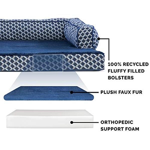 Furhaven Orthopedic Dog Bed for Large Dogs w/ Removable Bolsters & Washable Cover, For Dogs Up to 125 lbs - Plush & Woven Decor Comfy Couch Sofa - Diamond Blue, Jumbo Plus/XXL