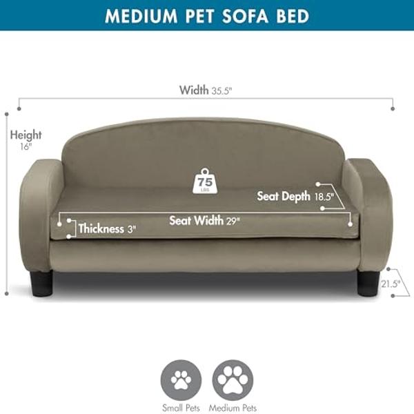 Paws & Purrs Dog Sofa Bed – 35.5" Modern Pet Couch for Medium Size Dogs with Washable Removable Cover – Stylish Elevated Dog Bed - Ash Brown