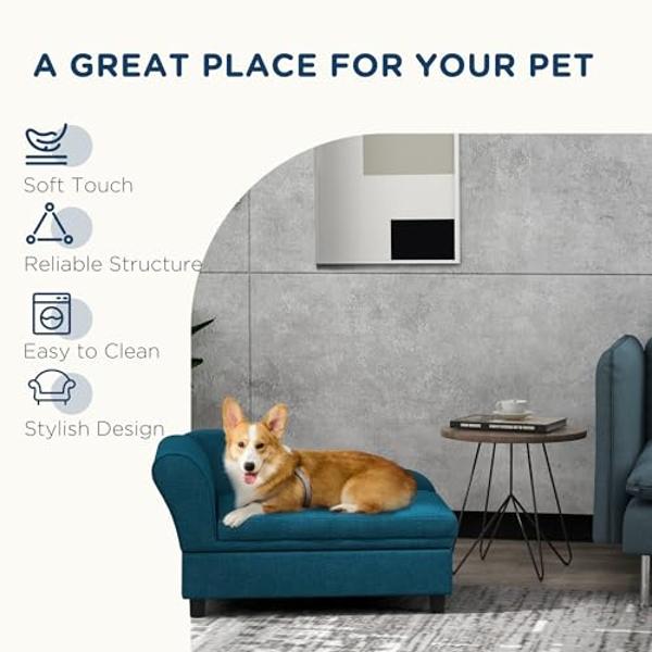 PawHut Pet Sofa, Dog Couch, Elevated Pet Bed for Small Dogs, with Hidden Storage, Soft Tufted Cushion, Dark Blue