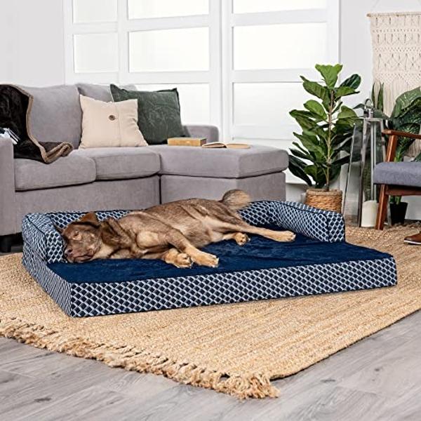 Furhaven Orthopedic Dog Bed for Large Dogs w/ Removable Bolsters & Washable Cover, For Dogs Up to 125 lbs - Plush & Woven Decor Comfy Couch Sofa - Diamond Blue, Jumbo Plus/XXL