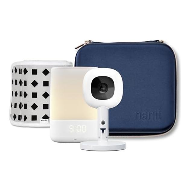 Nanit Travel Light Bundle Pro Camera with Portable Flex Stand, Sound + Light Audio Monitor & Baby Night Light, and Travel Case - Blue Oxford Edition