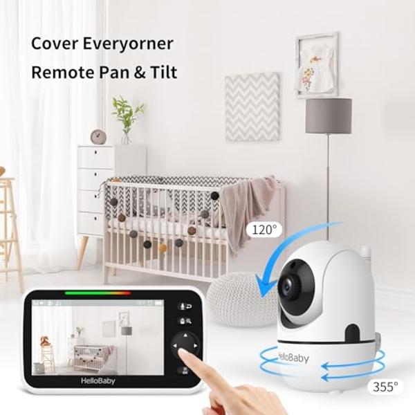 HelloBaby HB6550 5" Baby Monitor 3 Cameras, 26-Hour Battery, Pan-Tilt-Zoom,1000ft Range Video Audio Baby Monitor No WiFi, ECO, Night Vision, 2-Way Talk, 8 Lullabies and Temperature