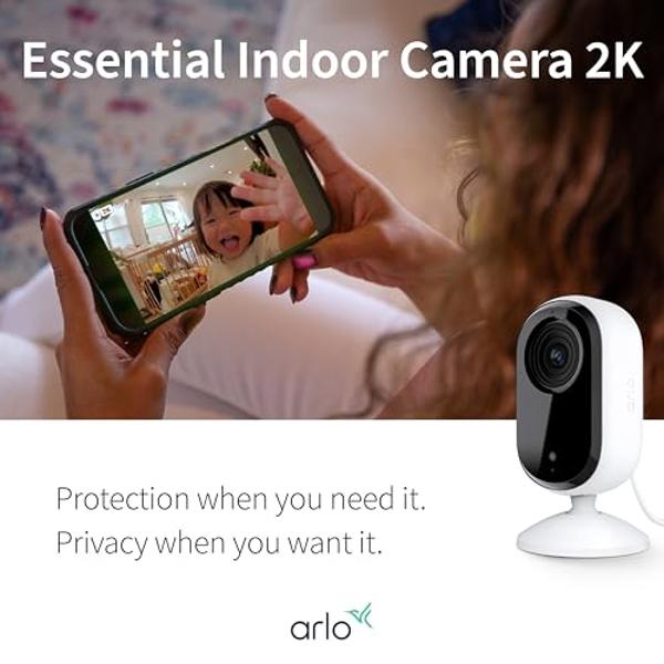Arlo Essential Security Camera 2K | Indoor Only| 2nd Gen | Baby Monitor & Pet Camera | Wired Automated Privacy Shield, 2-Way Audio, Night Vision, Live Stream, Motion Alerts & Notif