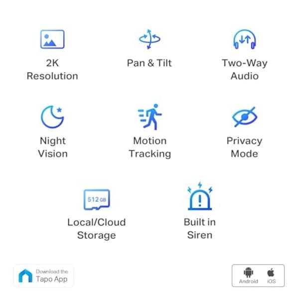 TP-Link Tapo 2K Pan/Tilt Security Camera for Baby Monitor, Pet Camera w/ Motion Detection and Tracking, 2-Way Audio, Night Vision, Cloud & SD Card Storage, Works w/ Alexa & Google 