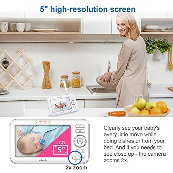 VTech VM5463-2 Baby Monitor 5" Screen with 2 Cameras, Pan-Tilt- Zoom, Night Light, Glow On The Ceiling Projector, Two-Way Talk, Secure Transmission No WiFi