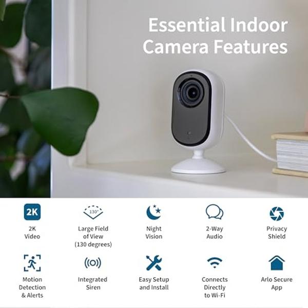 Arlo Essential Security Camera 2K | Indoor Only| 2nd Gen | Baby Monitor & Pet Camera | Wired Automated Privacy Shield, 2-Way Audio, Night Vision, Live Stream, Motion Alerts & Notif
