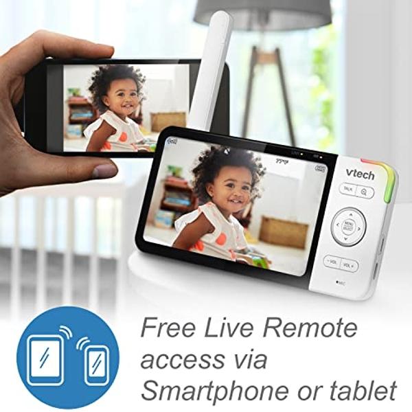 VTech RM5764-2HD 1080p Smart WiFi Remote Access 2 Camera BabyMonitor, 360° Pan & Tilt, 5" 720p HD Display, Night Vision, Soothing Sounds, 2-Way Talk, Temperature & Motion Detection