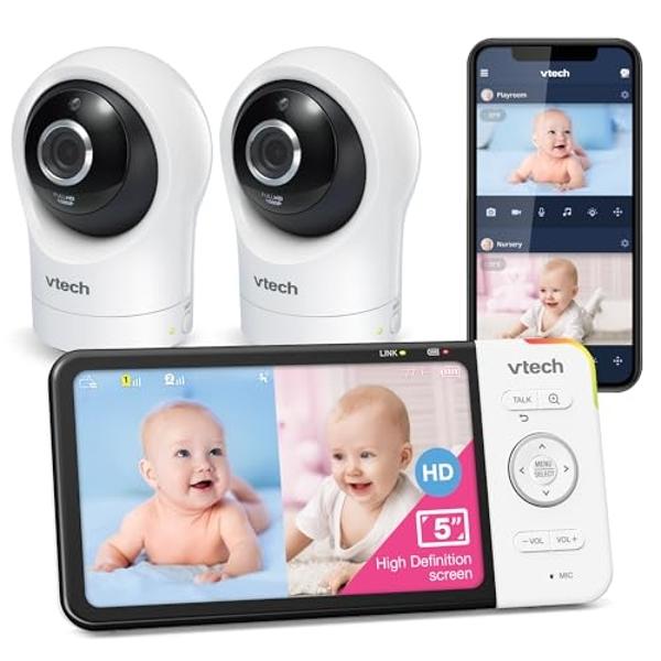 VTech RM5764-2HD 1080p Smart WiFi Remote Access 2 Camera BabyMonitor, 360° Pan & Tilt, 5" 720p HD Display, Night Vision, Soothing Sounds, 2-Way Talk, Temperature & Motion Detection