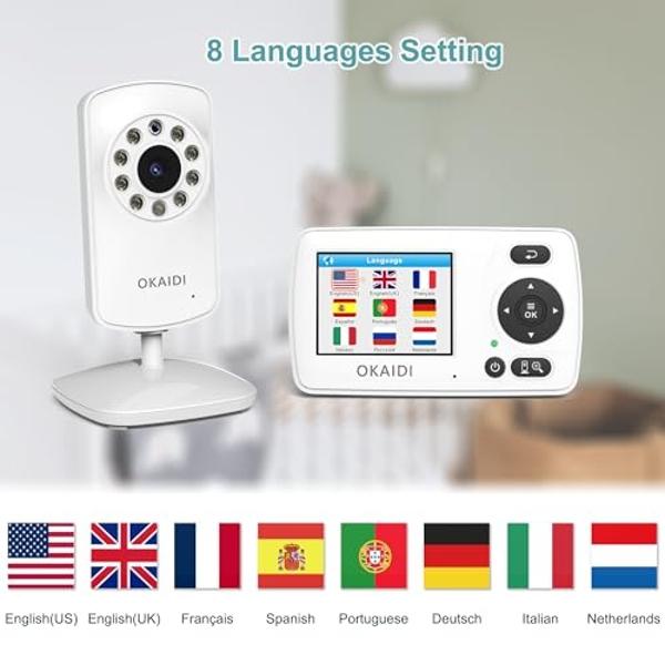 OKAIDI Video Baby Monitor with 2 Cameras, 2.4'' Portable Travel Screen, Baby Monitor No WiFi, 1000ft Long Range Transmission, Infrared Night Vision, VOX Mode, Baby Monitor with Cam