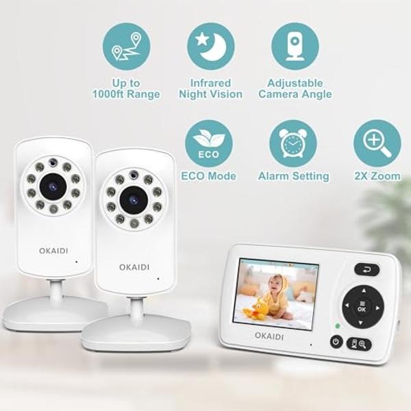 OKAIDI Video Baby Monitor with 2 Cameras, 2.4'' Portable Travel Screen, Baby Monitor No WiFi, 1000ft Long Range Transmission, Infrared Night Vision, VOX Mode, Baby Monitor with Cam