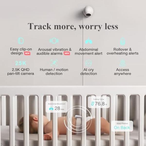 Sense-U Smart Baby Monitor Pro(Long Range)+2K PTZ Camera: Track Abdominal Movement with Arousal Vibration, Rollover, Feeling Temp, 2K Video, Background Sound & Motion Detection, No