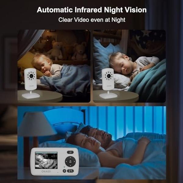 OKAIDI Video Baby Monitor with 2 Cameras, 2.4'' Portable Travel Screen, Baby Monitor No WiFi, 1000ft Long Range Transmission, Infrared Night Vision, VOX Mode, Baby Monitor with Cam