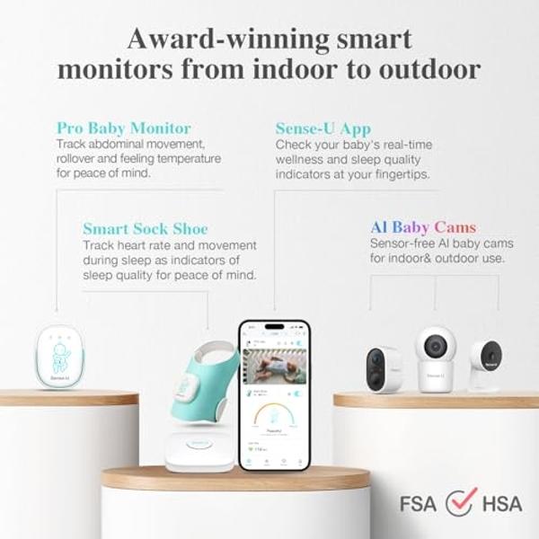 Sense-U Smart Baby Monitor Pro(Long Range)+2K PTZ Camera: Track Abdominal Movement with Arousal Vibration, Rollover, Feeling Temp, 2K Video, Background Sound & Motion Detection, No