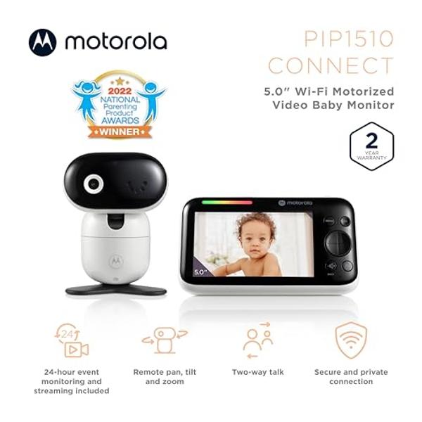 Motorola Nursery PIP1510 Connect Baby Monitor Camera, 5", WiFi, Wall Mount, HD 1080p, 1000ft Range, 2-Way Audio, Pan/Tilt/Zoom, Room Temp, Lullabies
