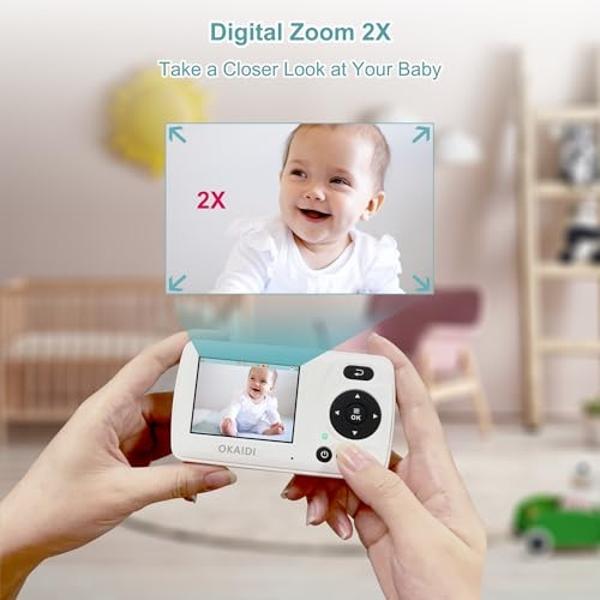 OKAIDI Video Baby Monitor with 2 Cameras, 2.4'' Portable Travel Screen, Baby Monitor No WiFi, 1000ft Long Range Transmission, Infrared Night Vision, VOX Mode, Baby Monitor with Cam