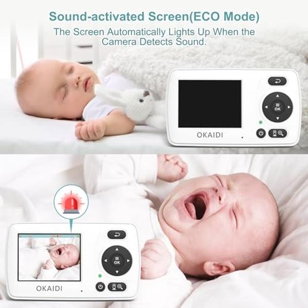 OKAIDI Video Baby Monitor with 2 Cameras, 2.4'' Portable Travel Screen, Baby Monitor No WiFi, 1000ft Long Range Transmission, Infrared Night Vision, VOX Mode, Baby Monitor with Cam
