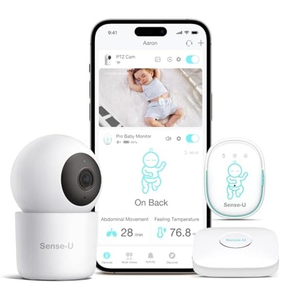 Sense-U Smart Baby Monitor Pro(Long Range)+2K PTZ Camera: Track Abdominal Movement with Arousal Vibration, Rollover, Feeling Temp, 2K Video, Background Sound & Motion Detection, No