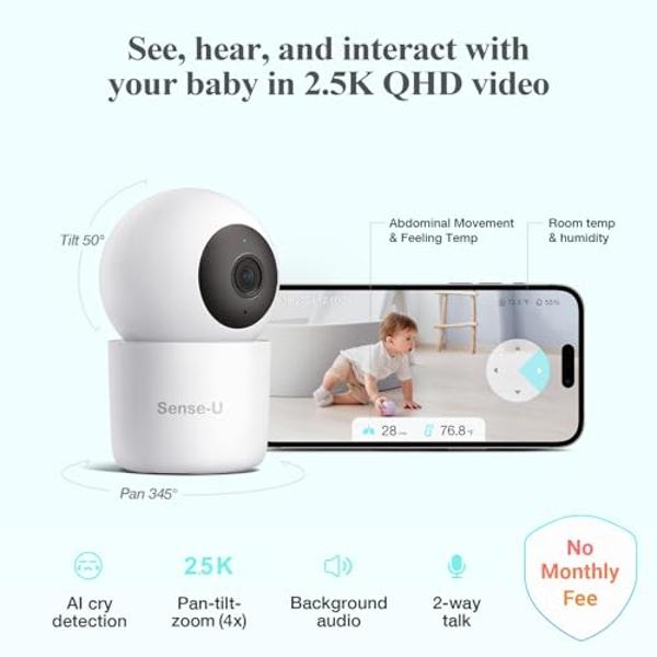Sense-U Smart Baby Monitor Pro(Long Range)+2K PTZ Camera: Track Abdominal Movement with Arousal Vibration, Rollover, Feeling Temp, 2K Video, Background Sound & Motion Detection, No