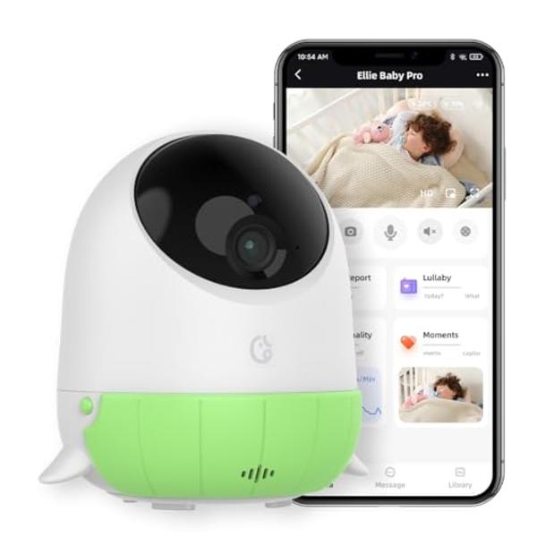 Ellie Baby Monitor with Camera and Audio, Face Covered Alert, AI Cry Soothing Lullaby, 2K HD Camera, Auto Photo Capture, Infrared Night Vision, Sleep Analysis, Temp& Humidity Detec
