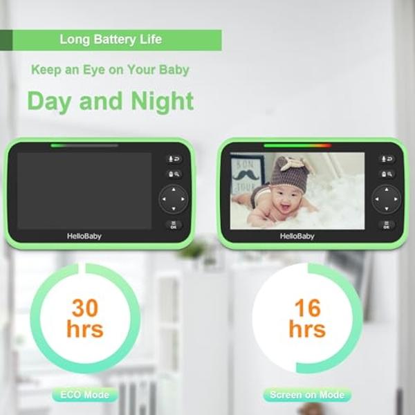 HelloBaby Upgrade Baby Monitor, 5'' Screen with 30-Hour Battery, Pan-Tilt-Zoom Video Baby Monitor with Camera and Audio, Night Vision, VOX, 2-Way Talk, 8 Lullabies and 1000ft Range