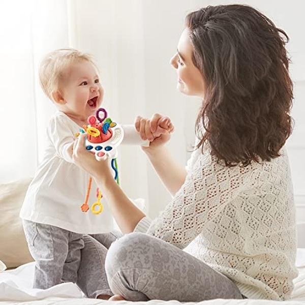 Oueyes Montessori Toys for Babies 6-12 12-18 Months Baby Sensory Teething Pull String Activity Toy for Toddlers 1-3 1 Year Old Girl Boy Gifts