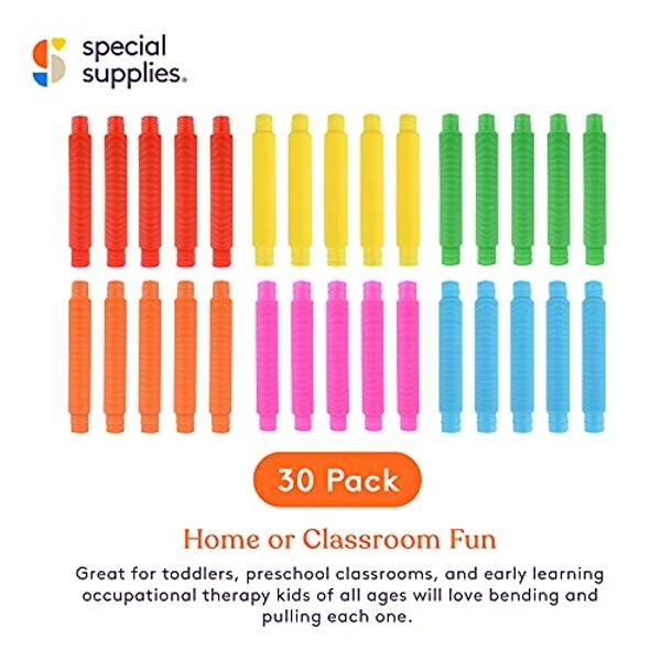 Special Supplies Fun Pull and Stretch Tubes for Kids - Pop, Bend, Build, and Connect Toy, Provide Tactile and Auditory Sensory Play, Colorful, Heavy-Duty Plastic (30-Pack Primary C