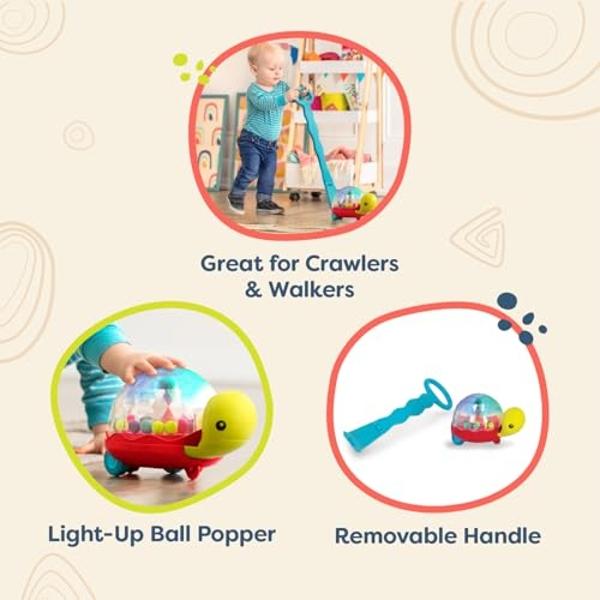 B. toys – Ball Popper & Walker – Push Toy for Baby, Toddler – Light-Up Turtle Toy for Crawling Or Walking – Removable Handle – 1 Year + – Walk ‘n’ POP!