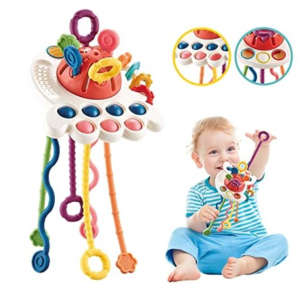 Oueyes Montessori Toys for Babies 6-12 12-18 Months Baby Sensory Teething Pull String Activity Toy for Toddlers 1-3 1 Year Old Girl Boy Gifts
