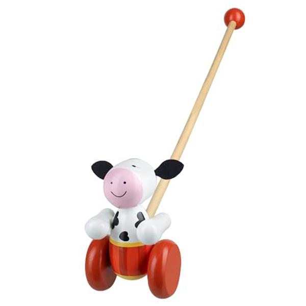 Orange Tree Toys: Push Along: Cow- Wooden Toy, Colorful Wheeled Character w/Handle, Encourage First Steps, Push & Pull, Toddler & Kids, Ages 1+