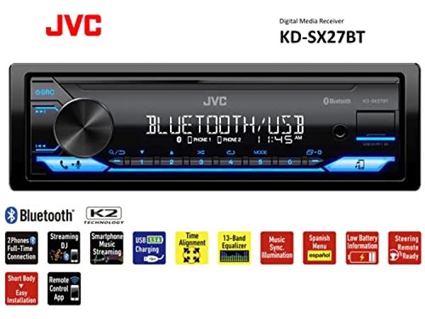 JVC KD-SX27BT Car Stereo with Bluetooth, 100W Digital Media Receiver, 1.5A USB to Charge Devices, Single DIN Head Unit, AM/FM, Aux-in, JVC Remote App