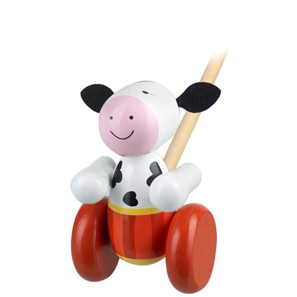 Orange Tree Toys: Push Along: Cow- Wooden Toy, Colorful Wheeled Character w/Handle, Encourage First Steps, Push & Pull, Toddler & Kids, Ages 1+
