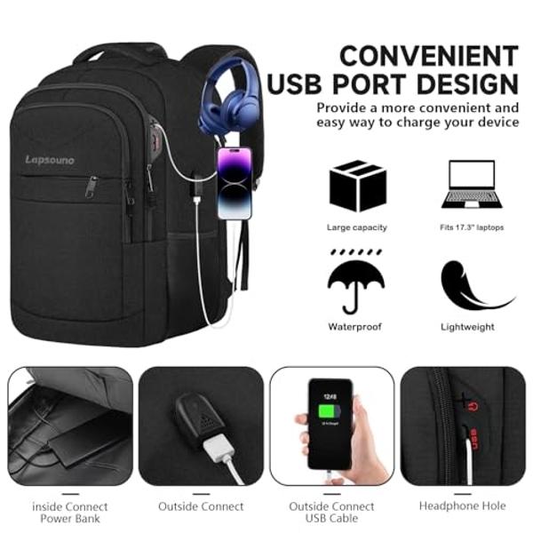 Travel Backpack, Large Carry on Backpack, 17 Inch Laptop Bag, Big Sturdy TSA-Friendly with USB Port College School Rucksack Bag, Gifts for Him Men Women, Black