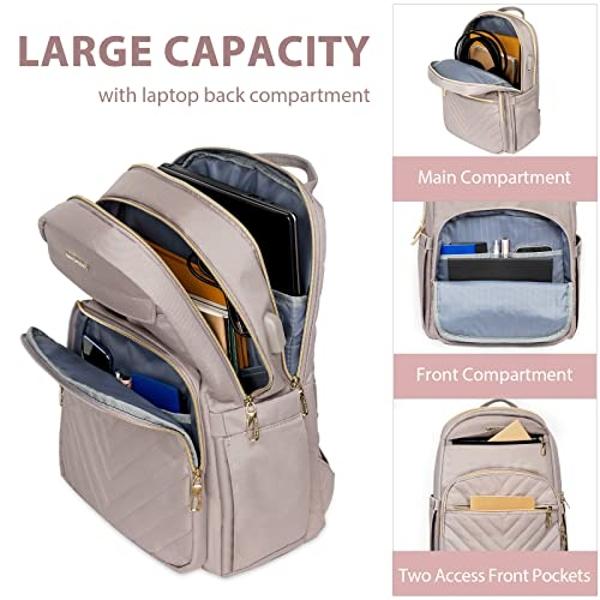 VANKEAN 15.6 Inch Laptop Backpack for Women Work Bag Fashion with USB Port, Waterproof Stylish Travel Bags Casual Daypacks for College, Business, Light Dusty Pink