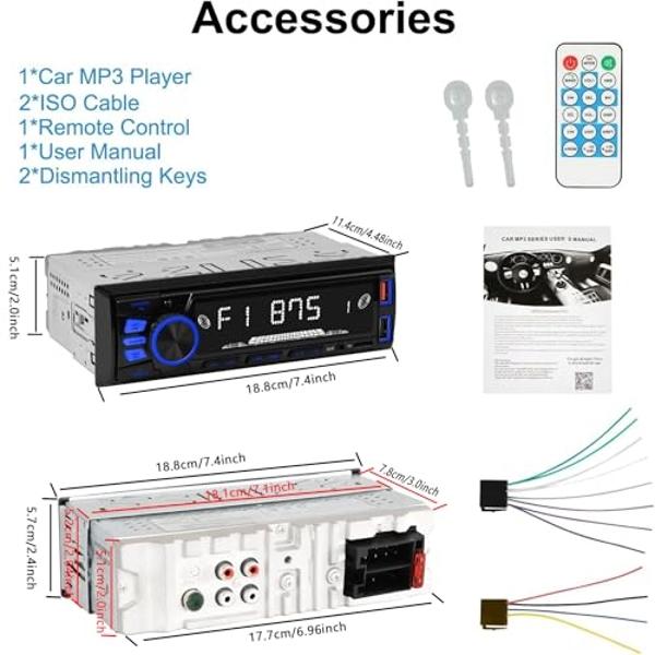 Car Radio Bluetooth Single DIN Car Stereo Audio, Car Audio with Handsfree and App Control,Supports FM/ MP3/SD/AUX/Dual USB/EQ/Quick Charge | Not a CD Player