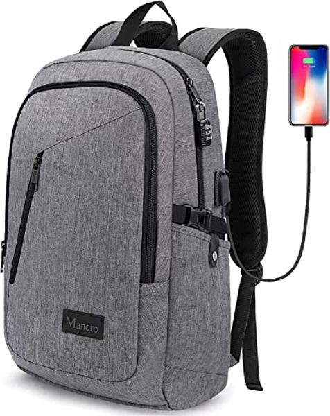 Mancro Laptop Backpack for Travel, Anti-theft Laptop Backpack for Men Business Backpack Work Daypack with USB Charging Port & Lock, Water Resistant Travel Computer Bag Daypack, Gre