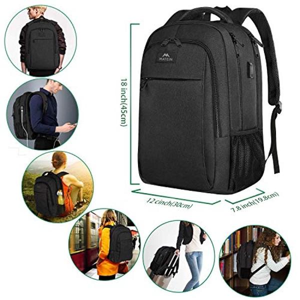 MATEIN Business Laptop Backpack, 15.6 Inch Travel Laptop Bag Rucksack with USB Charging Port, Water-Resistant Bag Daypack for Work College Computer Men Women Backpack, Black