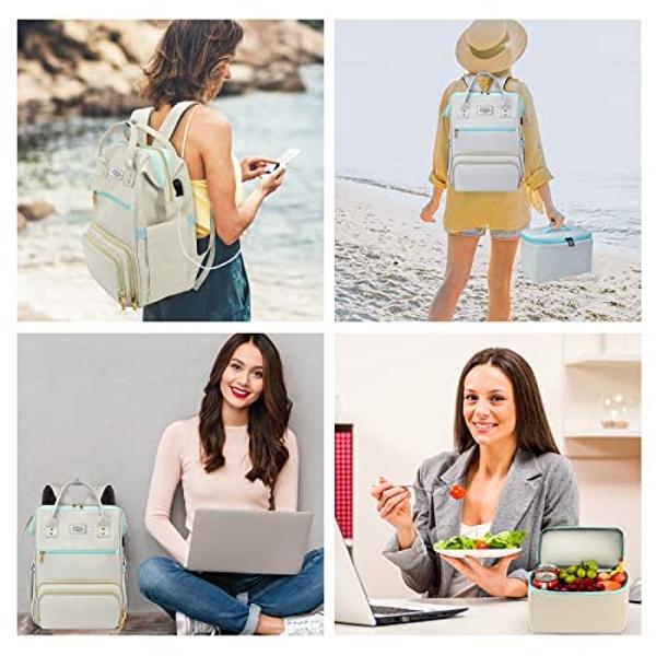 ETRONIK Lunch Backpack, 15.6 Inch Laptop Backpack with USB Port, Stylish Nurse, Teacher Work Bag with Insulated Cooler Lunch Box for Women Men/Travel, Grey Blue