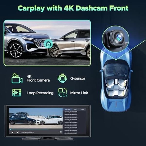 Wireless Carplay Screen for Car, 10.26" HD Carplay and Android Auto Touch Screen, Portable Car Tablet with 4K Dash Cam, Audio Receivers with Backup Camera, GPS Navigation, Voice Co