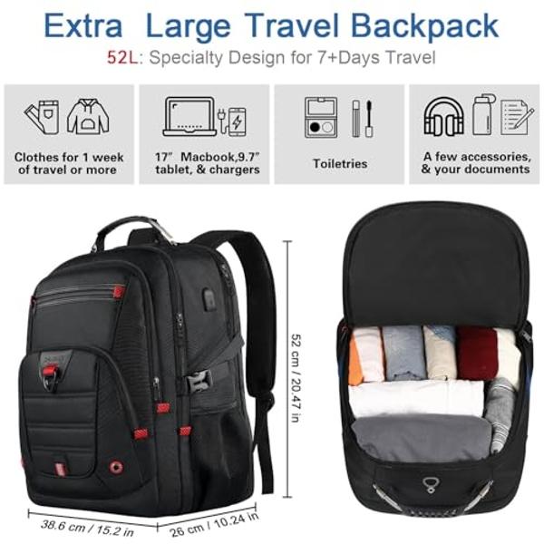Z-MGKISS Extra Large Travel Backpack, 52L TSA Backpack 17.3 Inch, Anti-Theft 17 Inch Big Business Laptop Backpack for Men & Women, Water Resistant College Rucksack Bag with USB Por